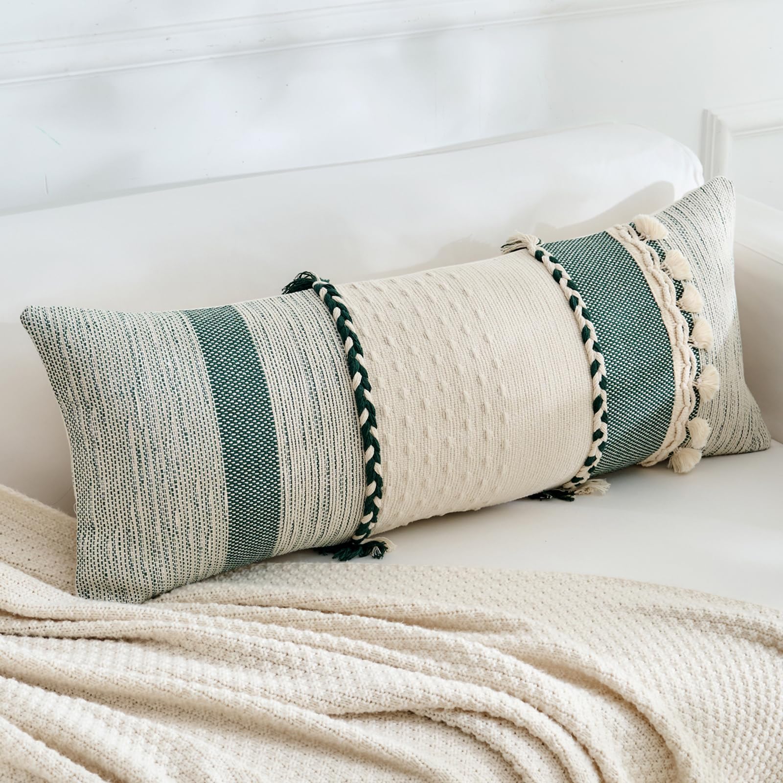 Labilin Long Lumbar Cushion Covers 14x36, Boho Long Decorative Pillows with Tassels Pillowcase, Modern Abstract Woven Body Pillow Cover for Sofa Bedroom Living Room Home Decor, Dark Green + off-white