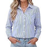 Button Down Shirts for Women Long Sleeve Cotton Striped Dress Shirts Casual Collared Blouses Business Work Tops with Pockets