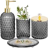 Haturi Glass Bathroom Accessories Set, Smoky Gray Bathroom Set, 4 Pcs | Kit w/ Bathroom Soap Dispenser Set, Toothbrush Holder, Qtip Holder, Vanity Tray, Gray Bathroom Decor, Gift for Home Apartment