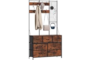 HOMCOM 4-In-1 Hall Tree with Fabric Dresser, Industrial Coat Rack with 7 Drawers, 14 Hooks, Grid Panel, Coat Hanger Stand for