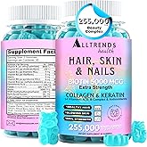 Alltrends Health Hair, Skin and Nails, Gummies Vitamins | Biotin 5000 mcg | Hydrolyzed Collagen 50 mg | Hydrolyzed Keratin 200 mg | Vitamins A,D,B Complex & Antioxidants | GMO-FREE | 60 Gummies.