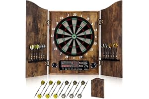 Yirinatek Electronic Dart Board, Decorative Dart Board Cabinet Set for Adults [12*Bronze Soft Tip Darts] [Cricket Game Mode]- Wooden Electric Dartboard Cabinet for Family Game Rooms
