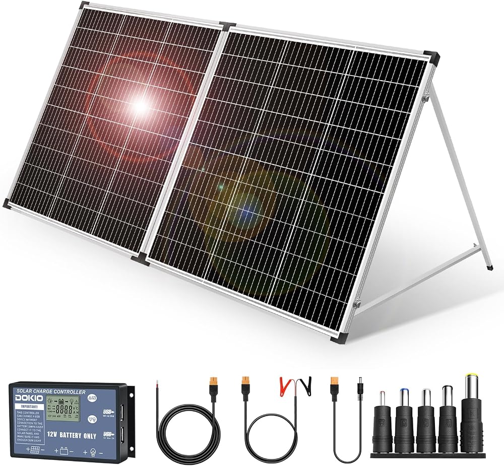 DOKIO 200W Foldable Portable Solar Panel with 20A Controller Kit
