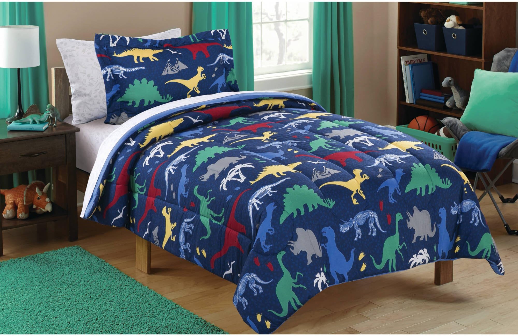 Twin Size Coordinating Bedding Set Kids Dino Roam Bed in a Bag, Dino Blue