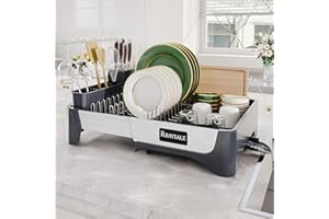 RBAYSALE Large Expandable Stainless Steel Dish Rack With Aluminum Pull Plate, Wine Glass Holder and Utensil Holder