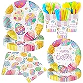 140Pcs Easter Party Supplies Easter Eggs Plates and Napkins Happy Easter Party Decorations Tableware Set Birthday Party Picnic Disposable Paper Plates, Serve 20 Guest