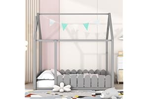 Harper & Bright Designs Full Size House Bed for Kids,Montessori Floor Bed with Fence-Shaped Rails, Wood Full Baby Floor Bed Frame for Girls, Boys,Grey