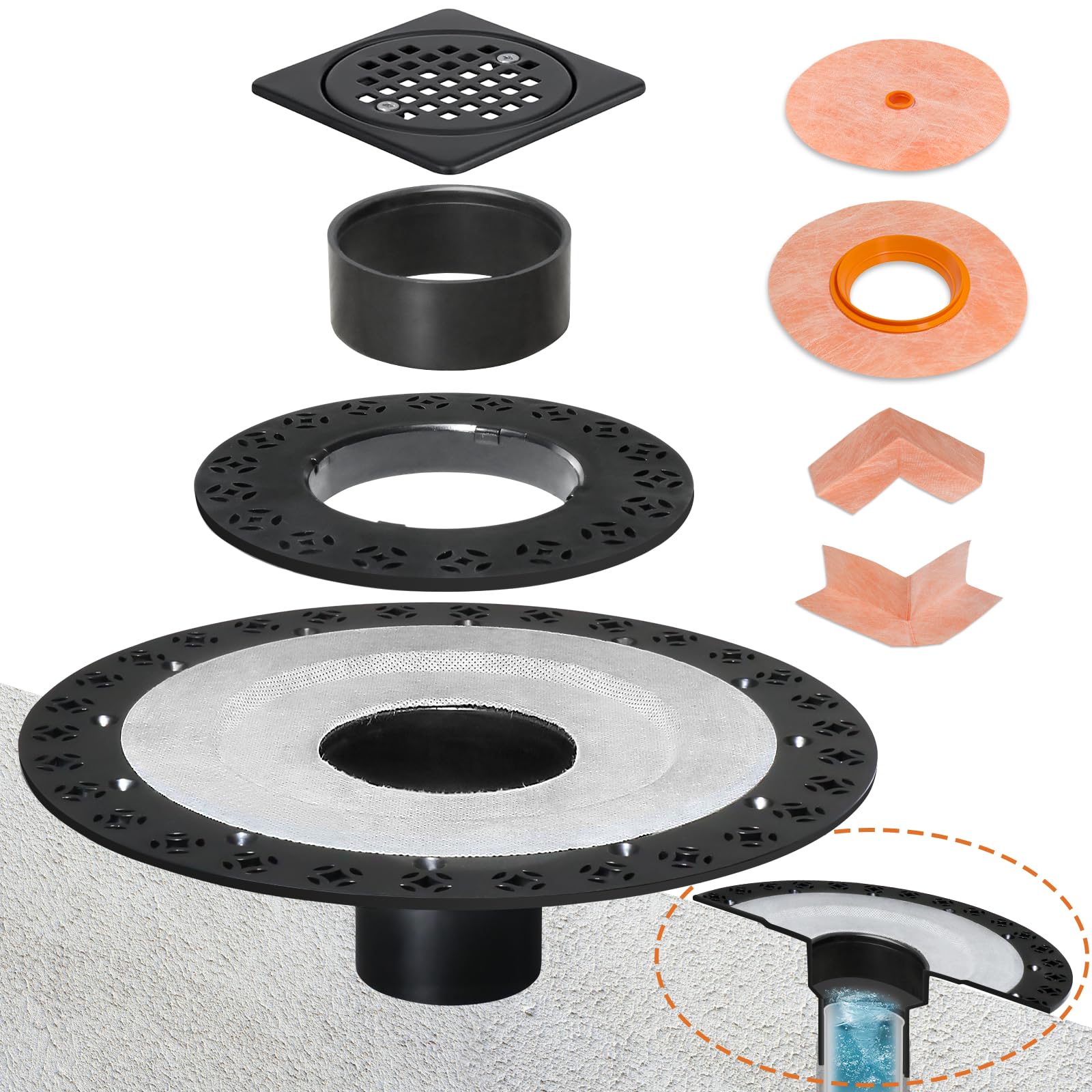 Photo 1 of Shower Drain Kit 2 Inch Integrated Shower Flange Kit Compatible with Schluter Systems Kerdi Drain, ABS Shower Drain Base Flange with 304 Stainless Steel 4'' Drain Grate and Waterproof Seals