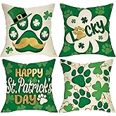 Fjfz Happy St Patricks Day Decorative Throw Pillow Covers 18 x 18 Set of 4, Gold Lucky Shamrock Clover Dog Cat Paw Prints Porch Outdoor Home Decor, Irish Spring Sofa Couch Cushion Case