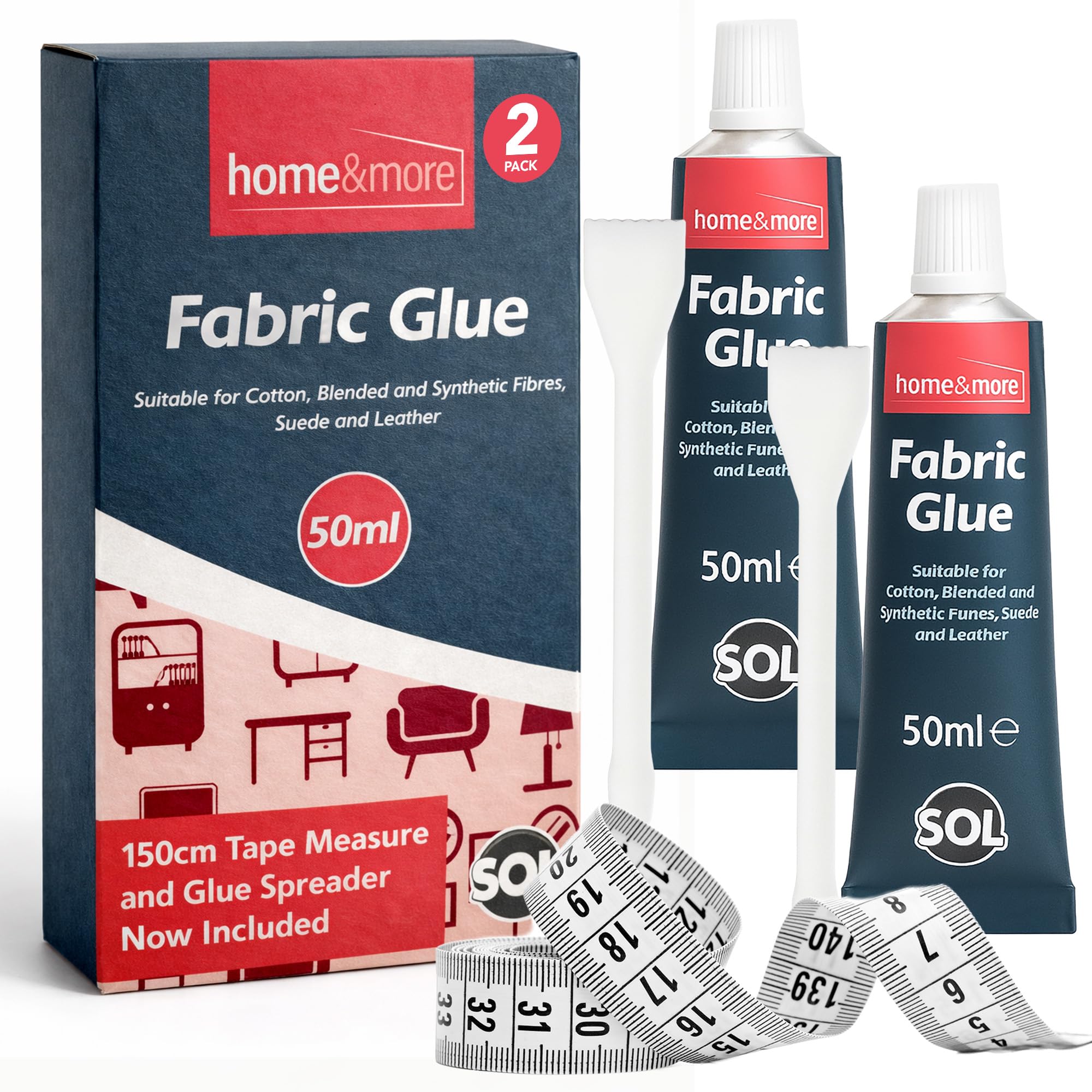 SOL 2pk x 50ml Fabric Glue Strong with Spreader & Tape Measure - Scout Badge Adhesive for Crafts, Upholstery, Material, Textile, Felt or Wool - Waterproof, Flexible, Fast Drying, Durable Bond