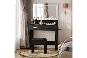 Vanity Desk with LED Mirror & Power Outlets, Cushioned Stool, Small Makeup Vanity Set with 2 Drawers, 3 Light Modes, Modern D