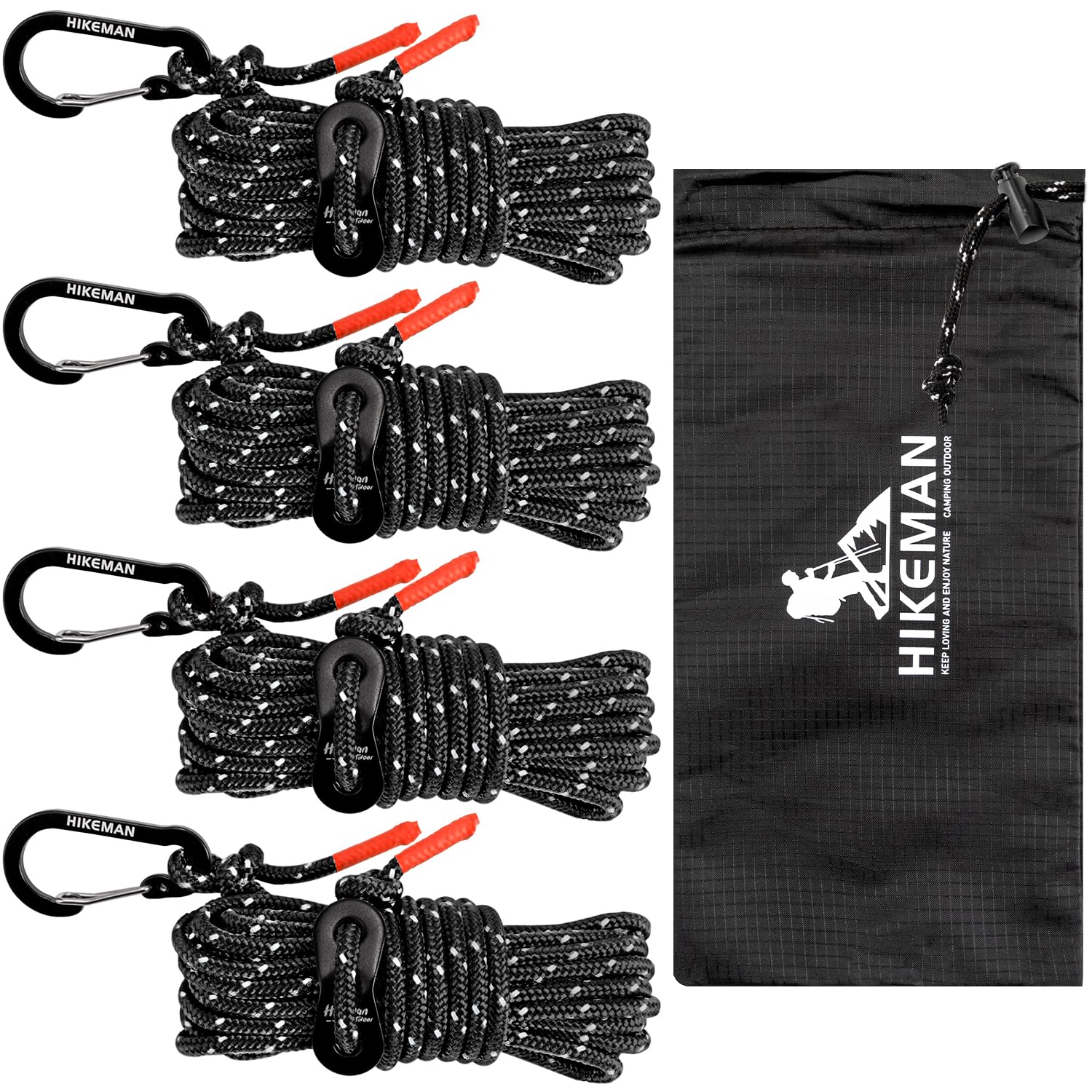 HIKEMAN Reflective Tent Guy Ropes - 4M Camping Guide Ropes,4mm Tent Guide Lines Cord with Aluminum Tensioners Adjuster for Outdoor Camping Hiking Caravan Awning Tents (Black, 4mm)