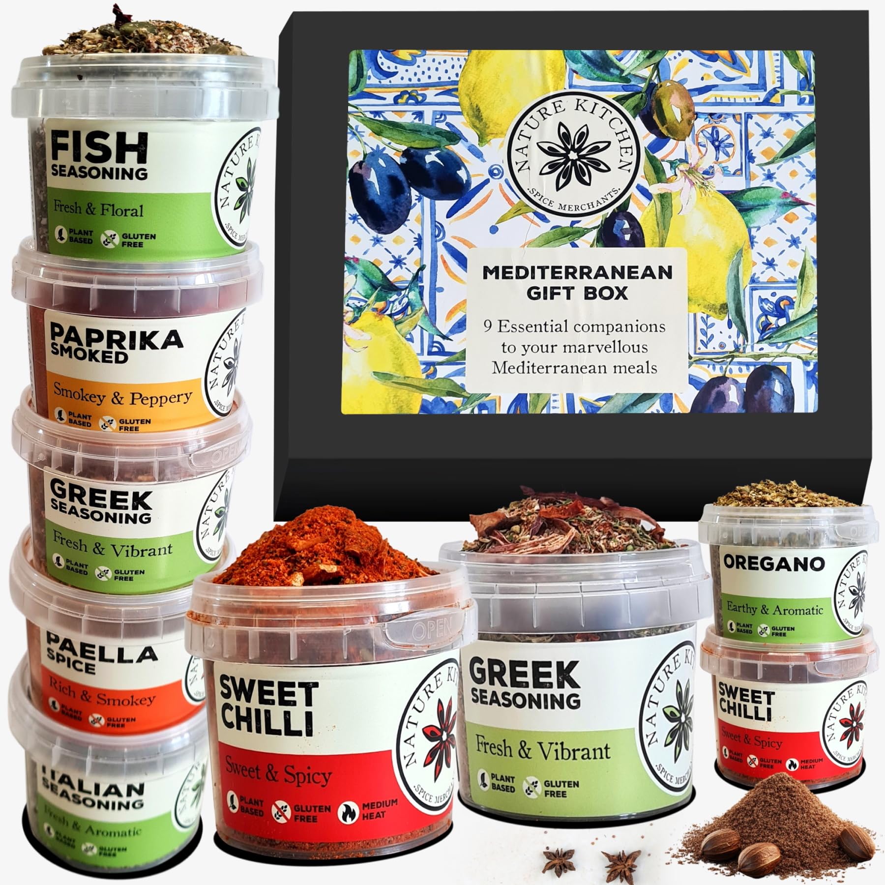 Nature Kitchen Mediterranean Gourmet Seasoning Mix Gift Set. 9X Gluten-Free Herbs and Spices for Cooking Exciting and Healthy New Recipes. Including Paella Spice