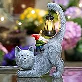 Snowrabbit Cat Statue Garden Decor with Funny Gnome Figurine & Solar Lantern, Motherday Gifts for Mom,Birthday Gift for Women,Cat Statues for Garden,Patio,Yard Decoration, Gray, SR-C-003