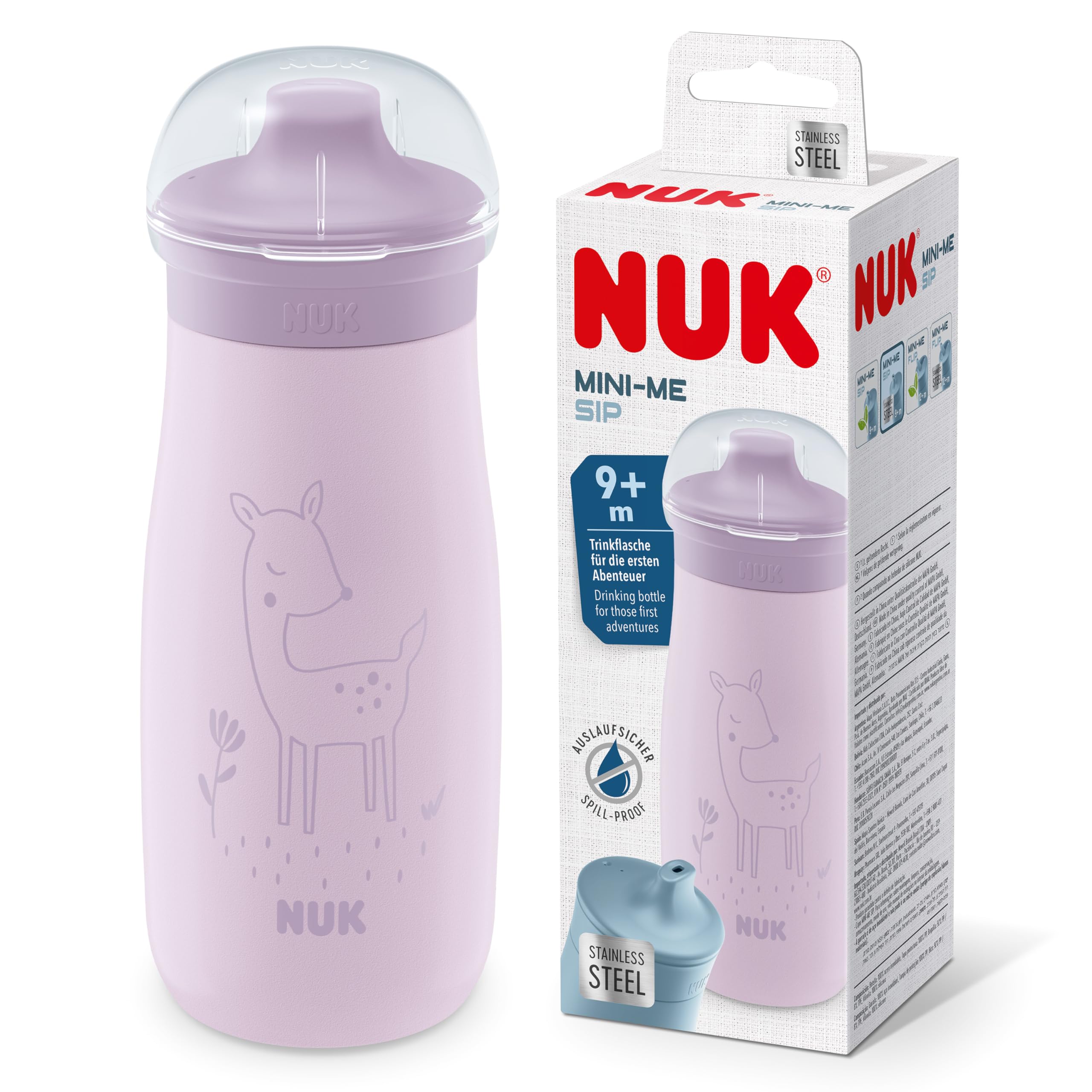 NUK Mini-Me Sip Toddler Cup | 9+ Months | 300 ml | Stainless Steel Water Bottle For Kids | Leak-Proof Toughened Spout | Shatter-Proof | Lilac Deer