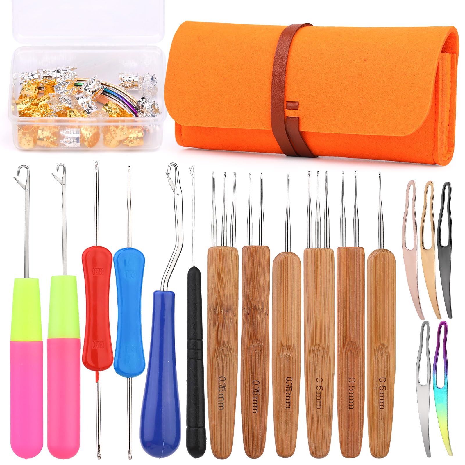 Dreadlock Crochet Hook, 48 Pcs Dreadlock Crochet Hook Set, 6 Dreadlock Crochet Needle, Different Size Bent Latch Hook, Crochet Needle for Hair Braiding with Case and Dreadlocks Tool