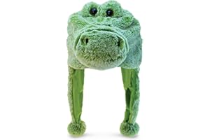 Puzzled DolliBu Stuffed Animal Alligator Plush Hat - Super Soft Wild Animal Winter Beanie With Ear Flaps, Cute Green Plush Costume Hat for Halloween or Cosplay - One Size