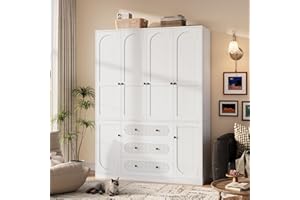 TOKSOM 4 Doors Freestanding Armoire Wardrobe Closet, 72" White Wardrobe Armoire Wooden Closet Large Capacity Storage with 3 Drawers & 3 Hanging Rod Shelves Clothes Organizer
