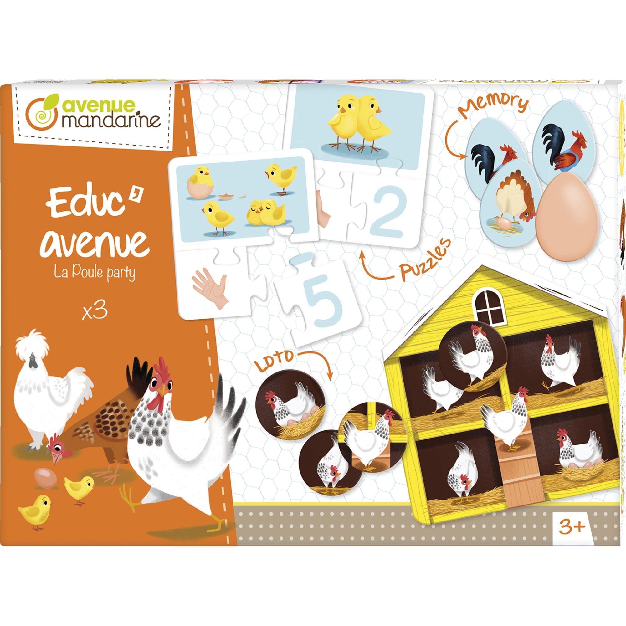 Avenue Mandarine - Ref JE516C - Educ'Avenue "The Hen Party" Educational Game Collection - Puzzles, Lotto, Memory Games & Educational Cards Included - Suitable for Ages 3+