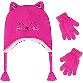 Girls Winter Cat Ear Beanie Hat and Gloves Set Kids Knitted Earflap Cap Mitten Set for Ages 3-7