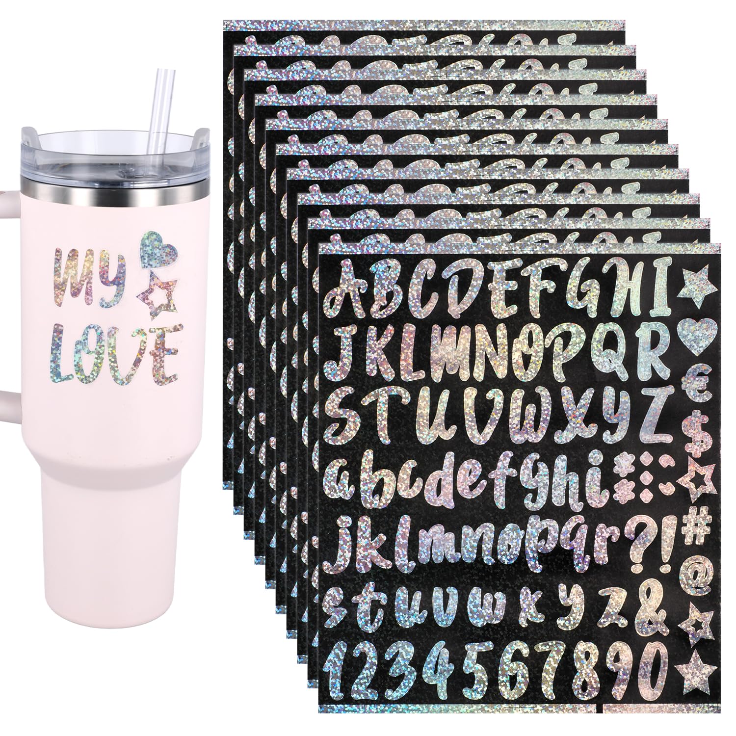 Photo 1 of 10 Sheets Vinyl Alphabet and Number Stickers - Adhesive, Waterproof, Glitter Letters for Scrapbook, Crafts, Cups Decoration