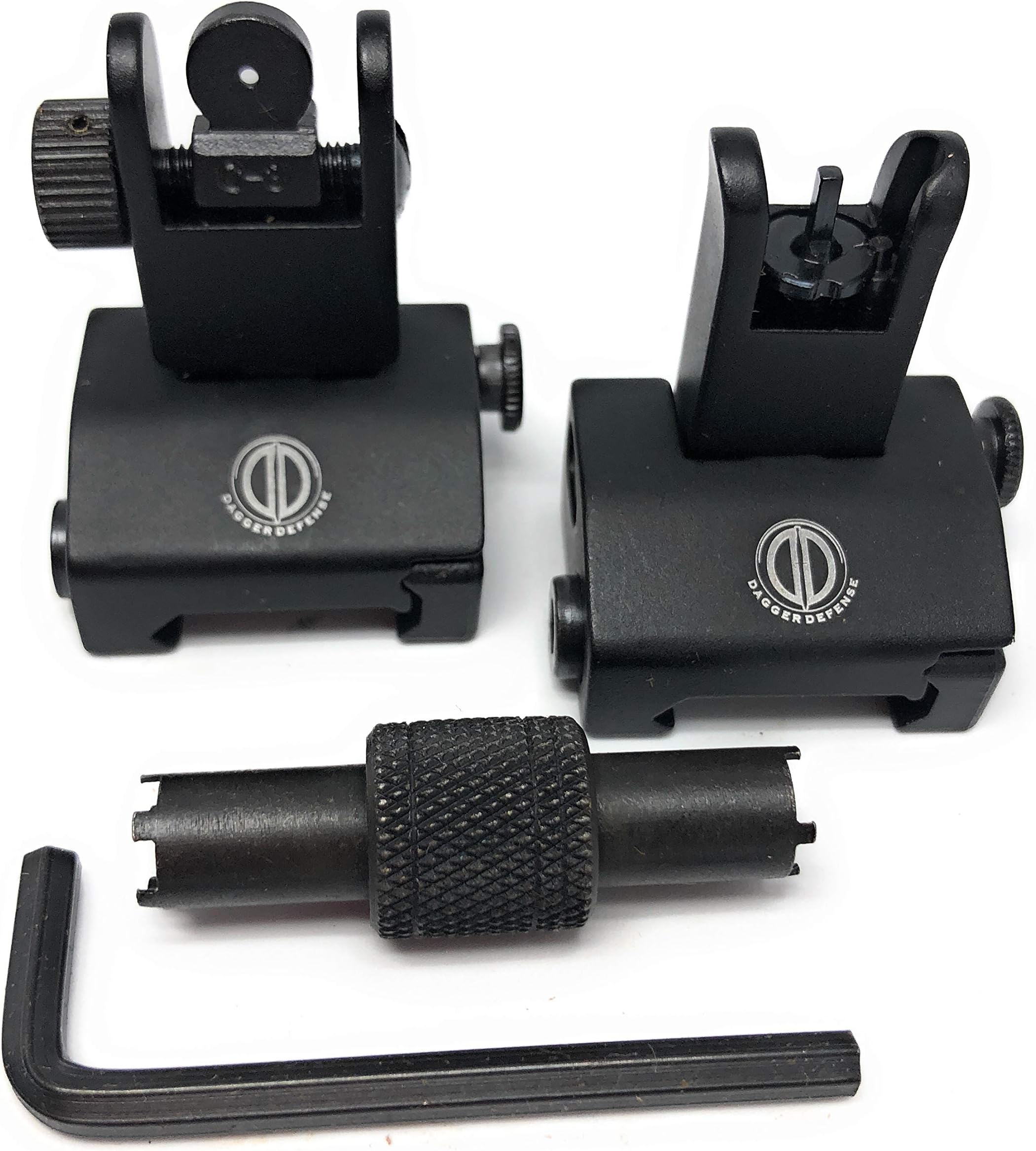 DD DAGGER DEFENSE -Combat Vet Owned Company- Flip up BUIS with Wide Grip Front Sight Tool Rail Mounted Backup Iron Sights