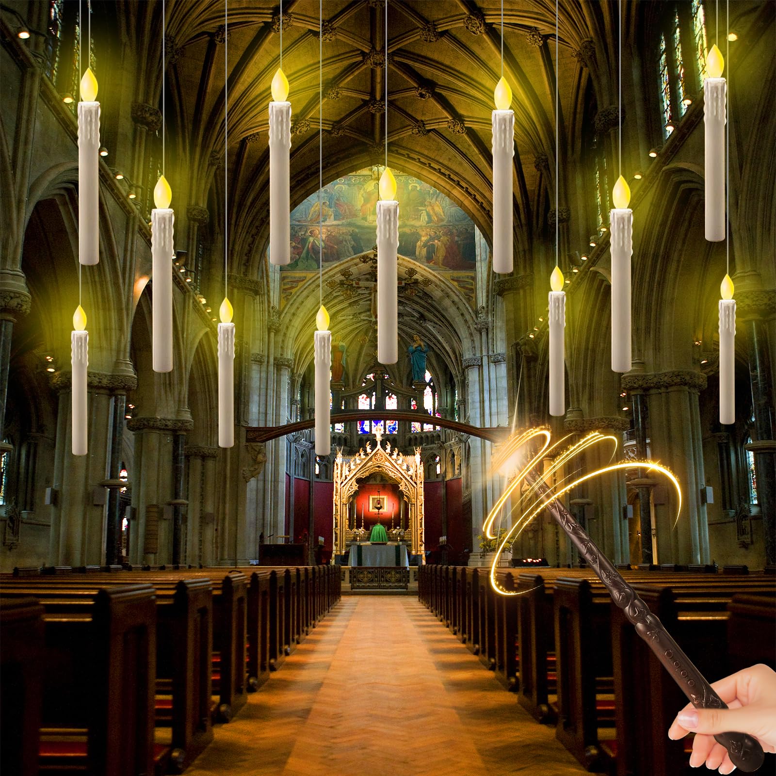 Photo 1 of 12 Pcs Floating Candles with Wand Remote Kit, Battery Operated Warm Light Flameless LED Taper Candles Flickering Floating Lights, Magic Hanging Candle Lights Decoration for Halloween Christmas Party