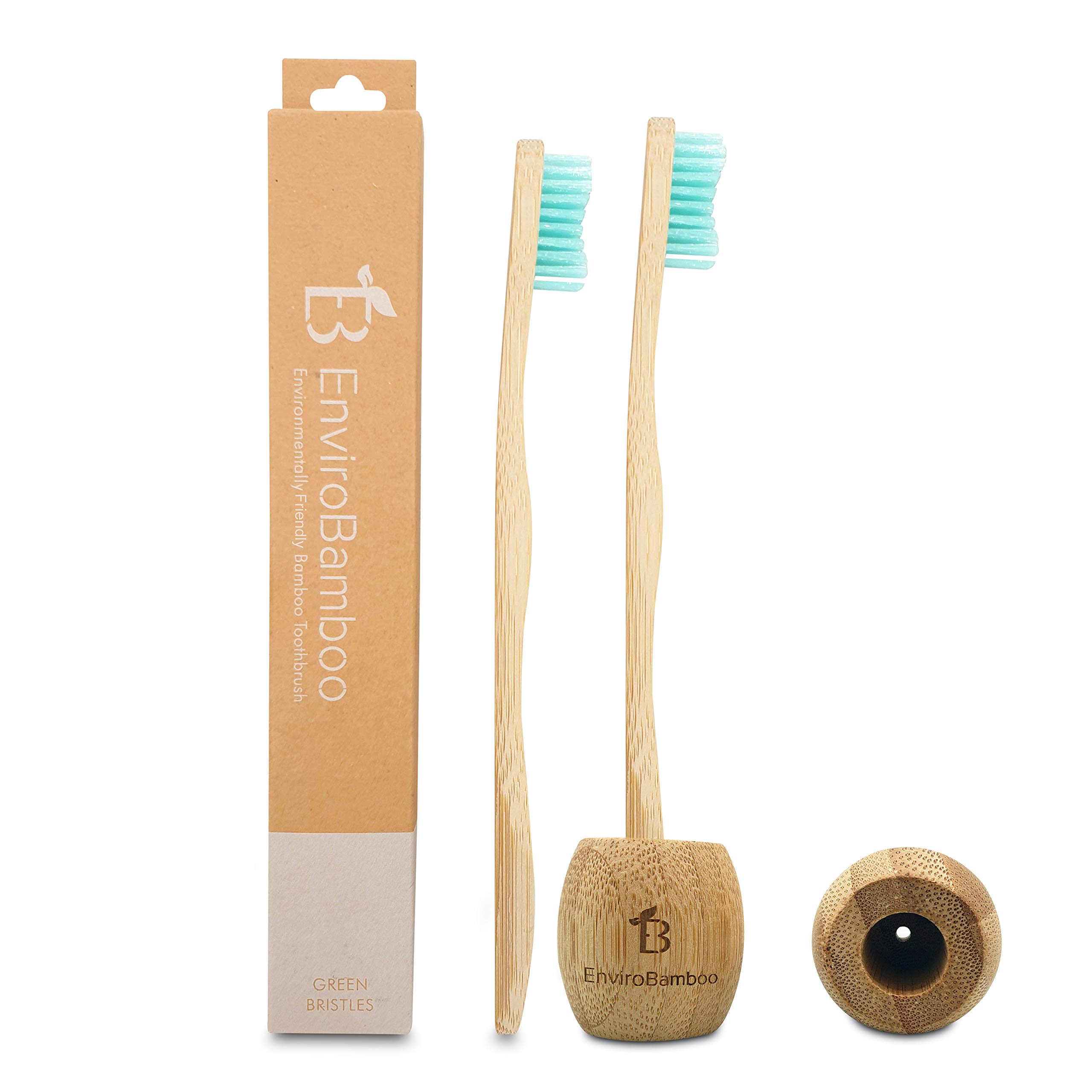 EnviroBamboo Wooden Toothbrush (White) – Set of 2 Biodegradable Bamboo Toothbrushes with a Holder – BPA Free Medium Bristles – Planet-Friendly and Zero-Waste Toothbrush – Plastic-Free Packaging