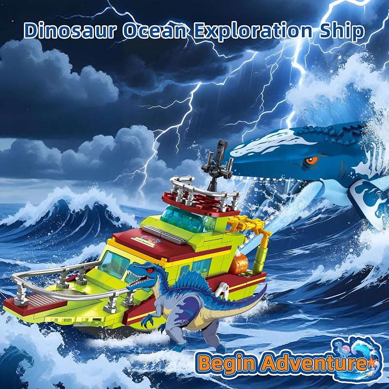 3 IN 1 Ozean Explore Dinosaurier Bauspielzeug Kompatibel mit Dinosaurier Park World, Schiff Boot & Mosasaurus Spinosaurus Dino Spielzeug für Kinder Jungen 6–12 Jahre, Geburtstags Geschenke Jungen — Foto 4 von 8
