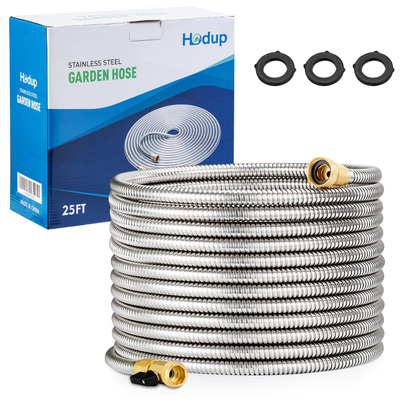 Photo 1 of 25FT Stainless Steel Metal Garden Hose - Lightweight, Kink-Free & Tangle-Free, Flexible with Brass Fittings, On/Off Valve, Pet Proof, Puncture Proof for Yard, RV, Car Washing (Silver)