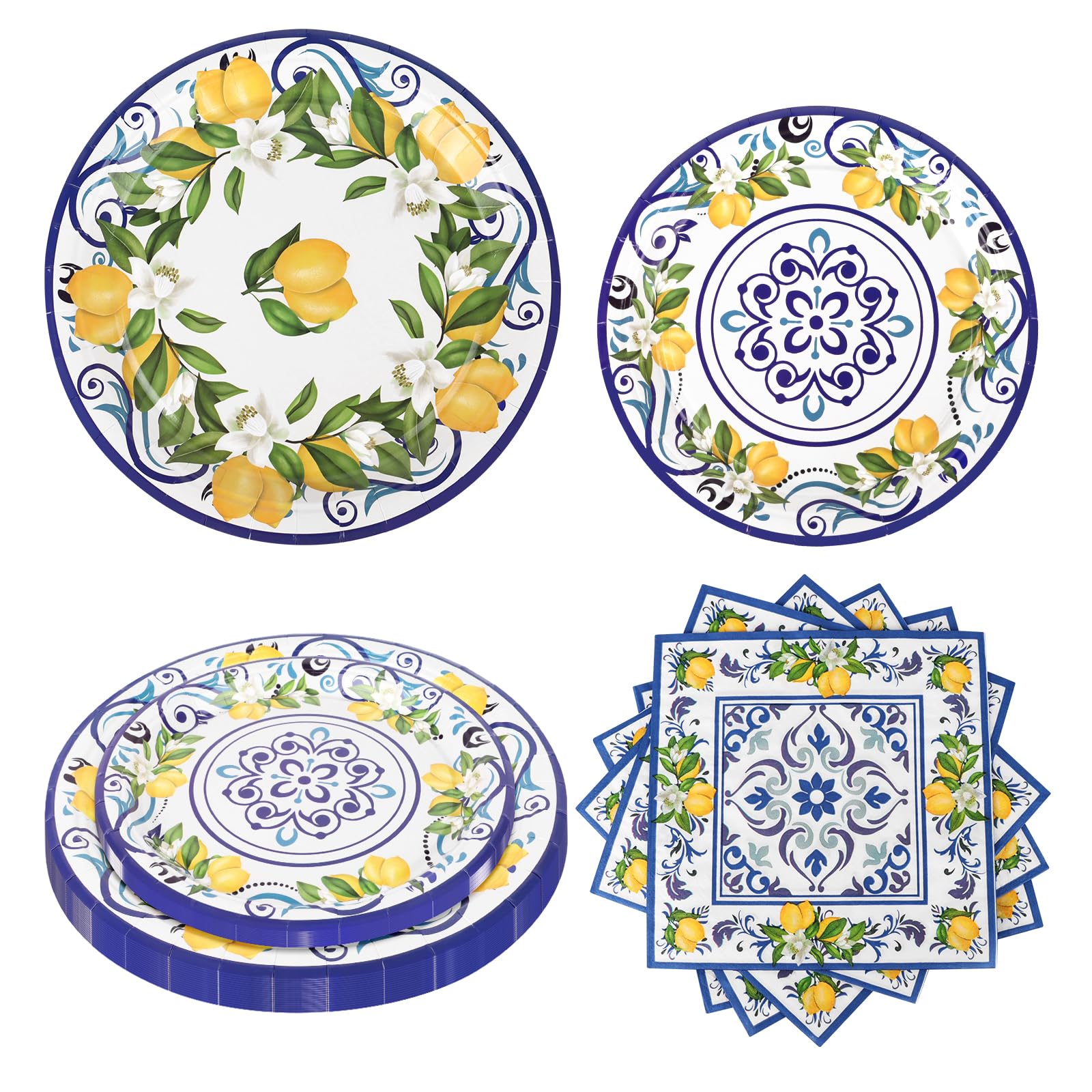 Photo 1 of Adecortalk 108 PCS Capri Lemon Party Plates and Napkins Blue Tiles Mediterranean Party Decor Disposable Tableware Sets Baby Shower Birthday Decorations Supplies Favors for 36 Guests