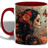 ANOVRA Day of the Dead Lady Mug, Dia de los Muertos Coffee Mug with Orange Rose Face Paint, Gothic Mexican Art Ceramic Cup, Gift for Halloween, Her, Friends, Celebration, 11oz