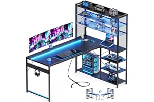 MOTPK L Shaped Gaming Desk, Reversible Computer Desk with Power Outlet, Gaming Table with LED Lights, L Shaped Desk with Glass Display Storage Shelves, Glass Desk Office Desk