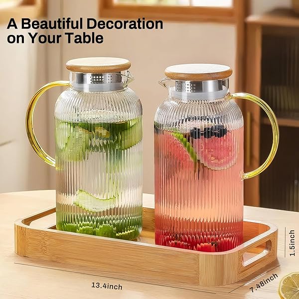 BUAIC 2 PACK GLASS PITCHER WITH LID, 68 OZ/ 2 LITER CLASSIC VERTICAL STRIPES WATER PITCHER WITH BAMBOO LIDS,GLASS WATER CARAFE FOR COLD BREW, COFFEE, LEMONADE, ICED SUN TEA,BEVERAGE,MILK