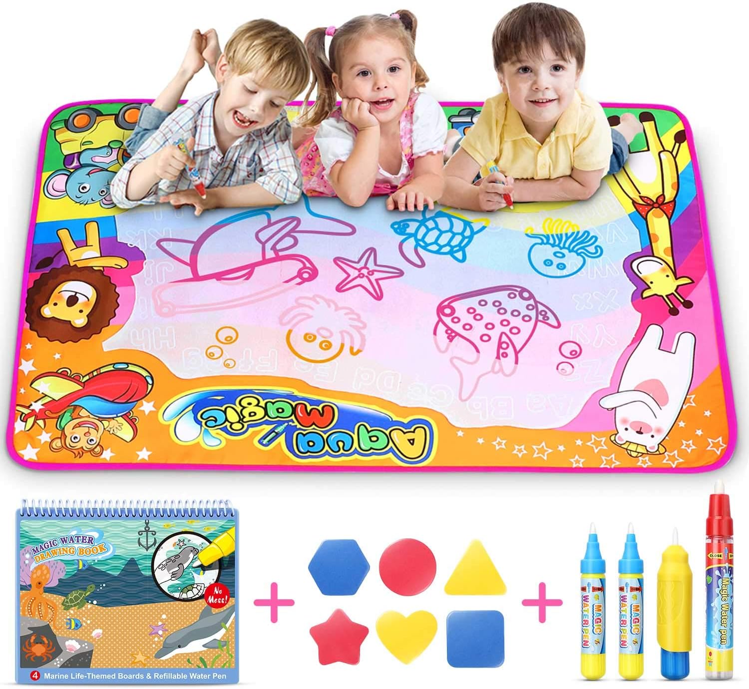 SUNYJOY Water Doodle Mat, Large Water Magic Drawing Mat Drawing painting mat 85 * 58 cm + Water Magic Book 4 Water Pens & 6 Stamps Painting Board Girls Boys 2 3 4 5 + Year old Birthday Christmas Day