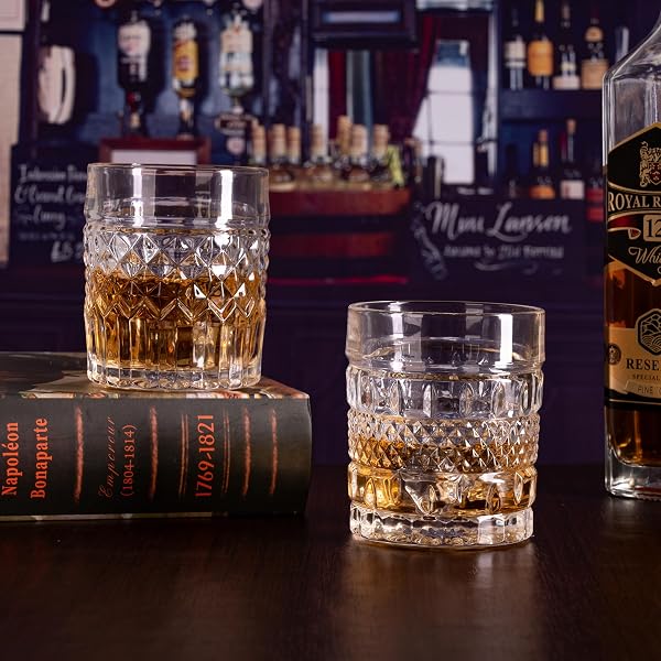 HYGLAZELLE WHISKEY GLASSES SET OF 4 WITH LUXURY BOX, 10OZ OLD FASHIONED WHISKEY GLASSES GIFT FOR COCKTAILS RUM COGNAC BOURBON LIQUOR ROCKS GLASSES MEN GIFT(MIXED)