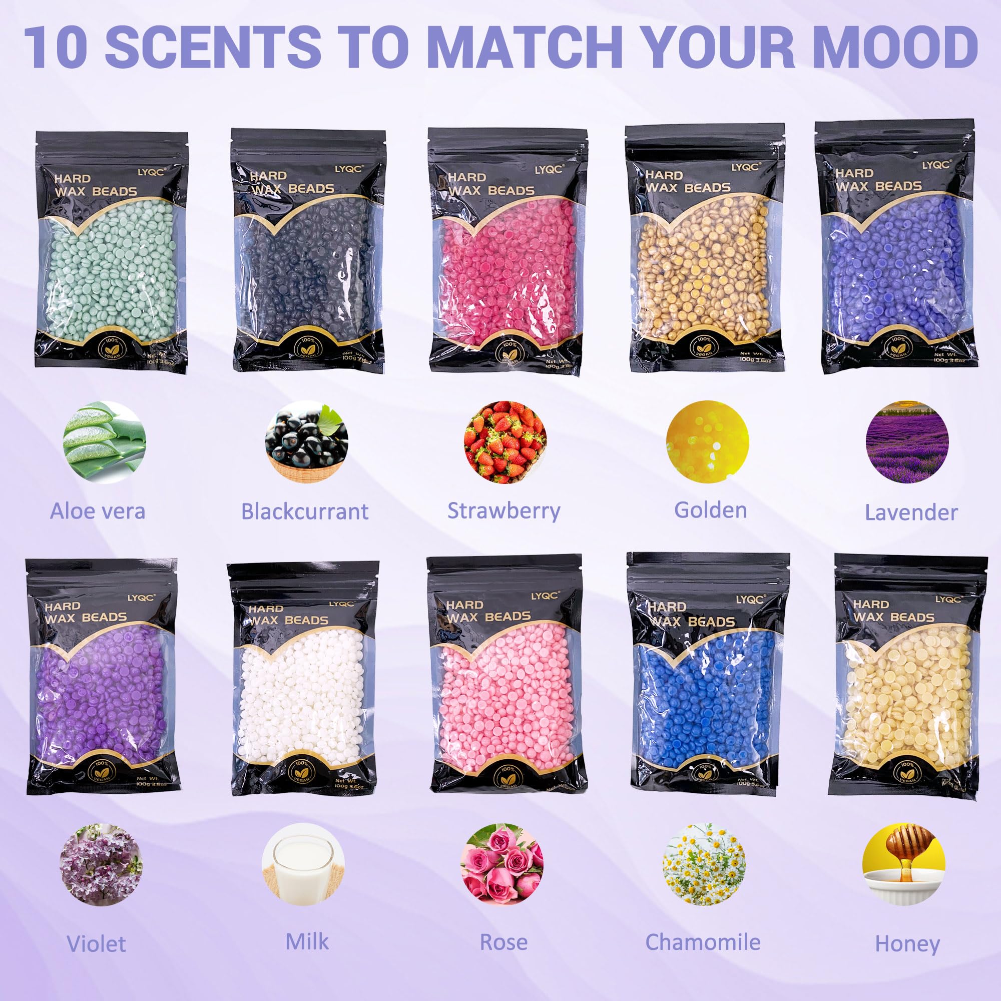 LYQC 2.2lbs Hair Removal Wax Beads, Professional Hard Wax Beads 1000g, with 20 Applicators, Suitable for Full Body, Painless Gentle Wax Bead Hair Removal for Men and Women