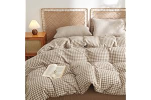 Nayoroom Gingham Duvet Cover Queen Size 100% Washed Cotton Brown Tan Plaid Checkered Comforter Cover 3 Pcs Soft Breathable Grid Farmhouse Dorm Bedding Set for All Seasons