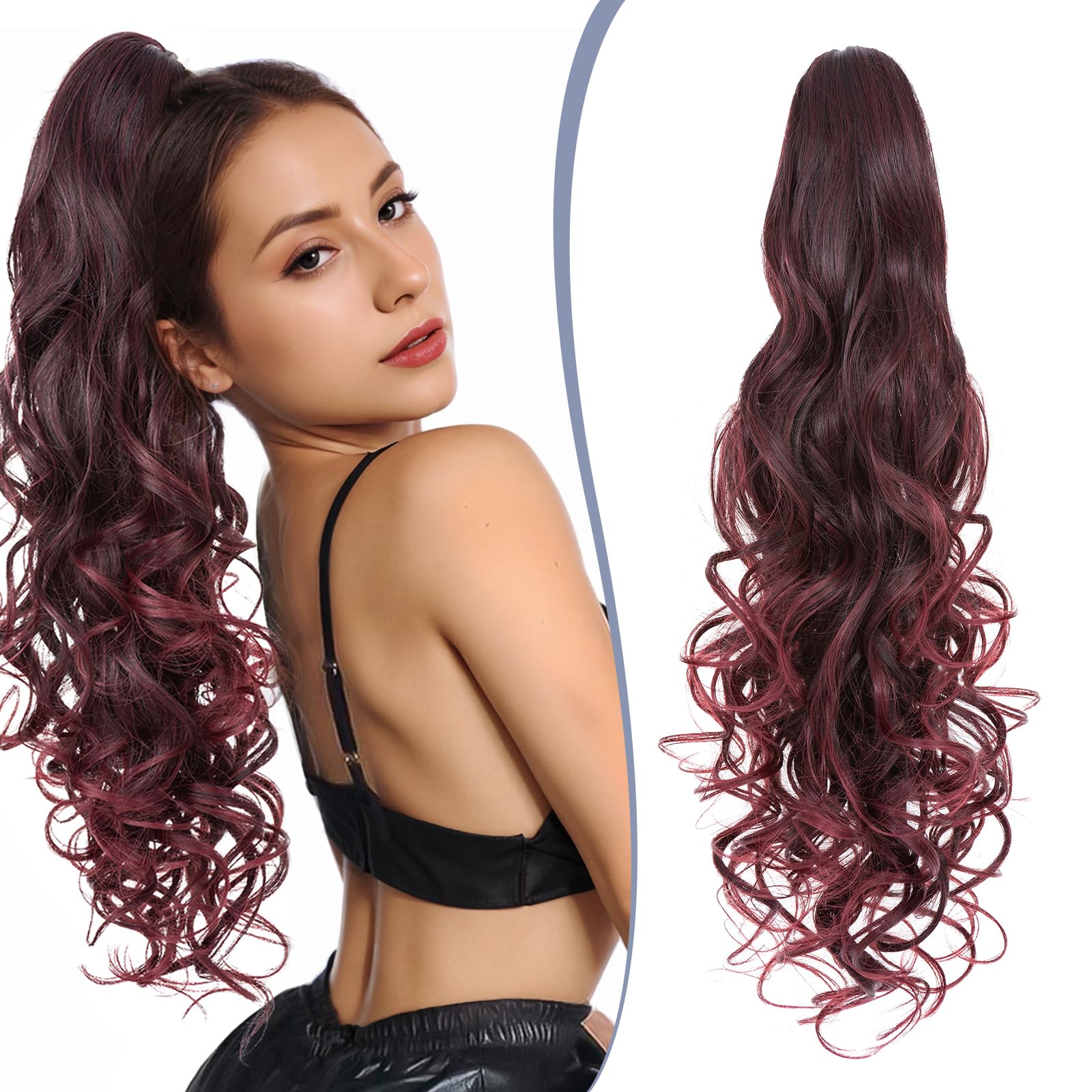 TESS 24'' Curly Ponytail Extensions, 210g Claw in Long Ponytail, Hair Pieces for Women, Burgundy Gradient