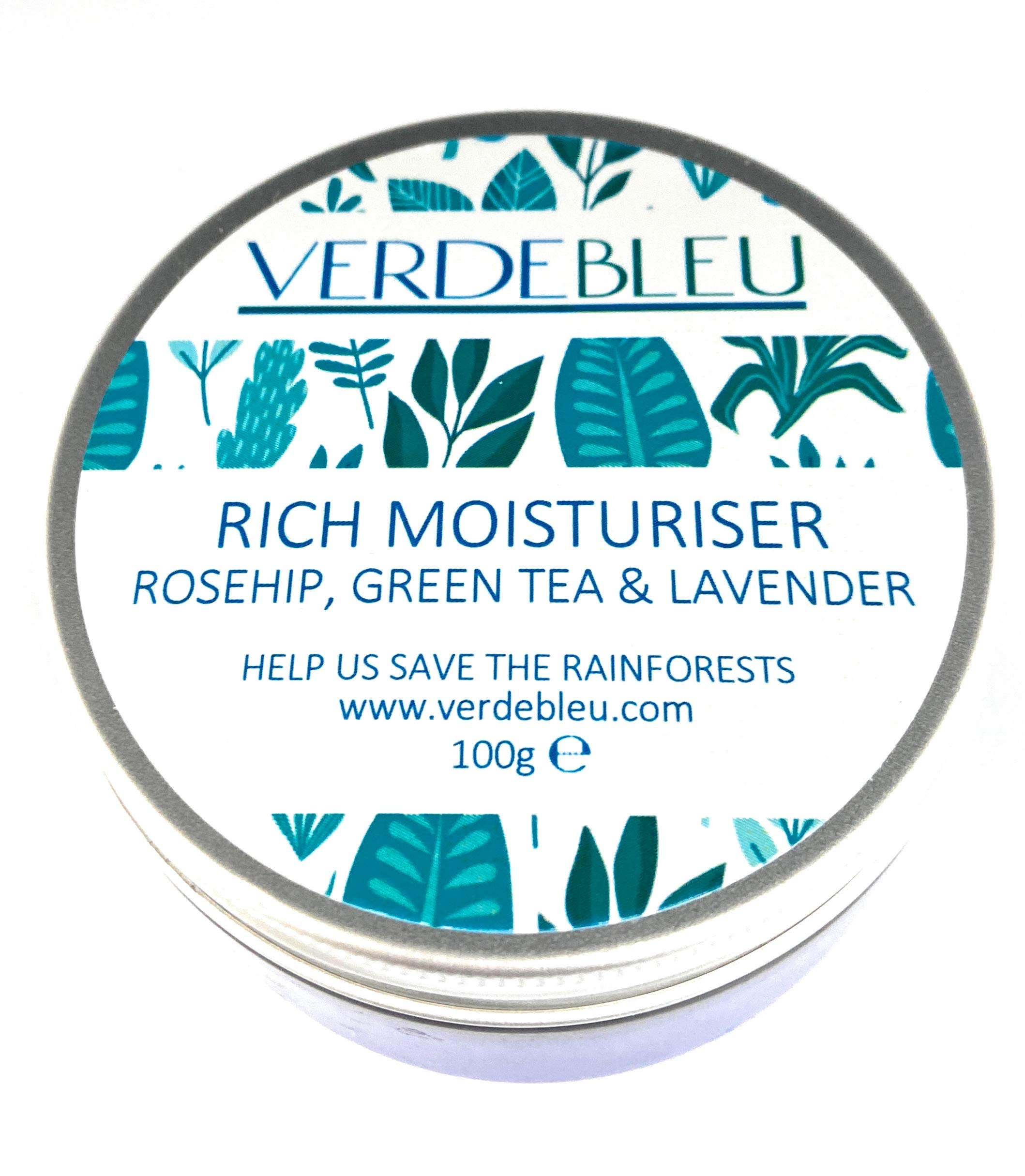 Verdebleu - 99% Natural - Facial Moisture Cream - Rosehip, Green Tea, Lavender. Face Moisturiser to Soothe, Nourish and Hydrate Dry Skin. pH 5.5, Sensitive Skin. 100 g.