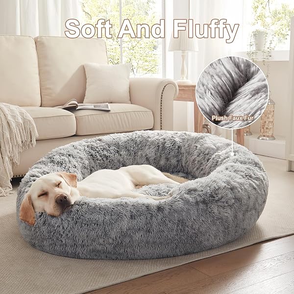 BEDSTILL 45 INCHES DONUT DOG BED FOR EXTRA LARGE DOGS,CALMING FLUFFY ROUND JUMBO PET BED WITH REMOVABLE & WASHABLE COVER, FITS UP TO 120 LBS PETS (DARK GREY,XL)
