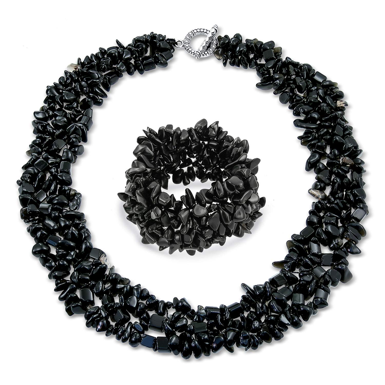 Bling Jewelry Large Wide Chunky Black Onyx Stone Chips Statement Bib Necklace For Women Collar Stretch Bracelet For Women Set 18 Inch