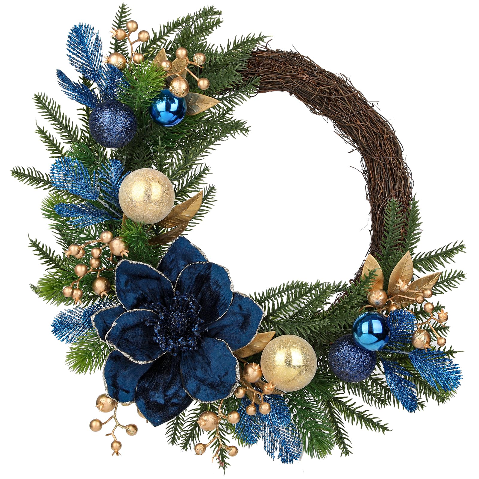 Photo 1 of "20" Christmas Wreath for Front Door – Artificial Winter Half Wreath with Blue Velvet Maglonia Flower, Ball Ornaments, Berry Clusters for Indoor & Covered Outdoor Holiday Christmas Decoration "