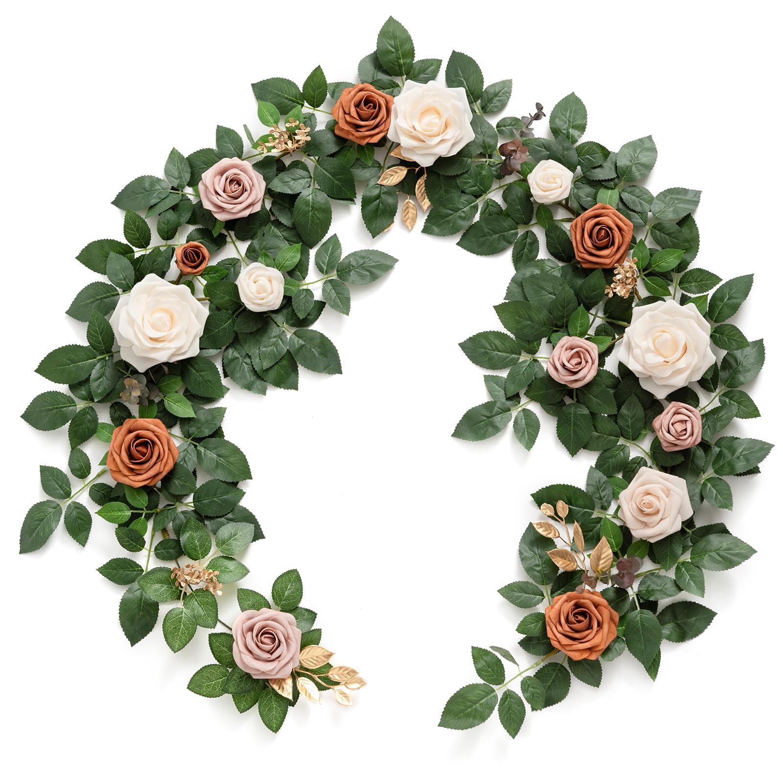 Photo 1 of Ling's moment 5FT Artificial Flower Garland Rust Rose Leaves Floral Garland Ivory Arch Flowers Vine for Wedding Party Backdrop Decor Mantel Home Table Centerpieces Wall Decorations Terracotta