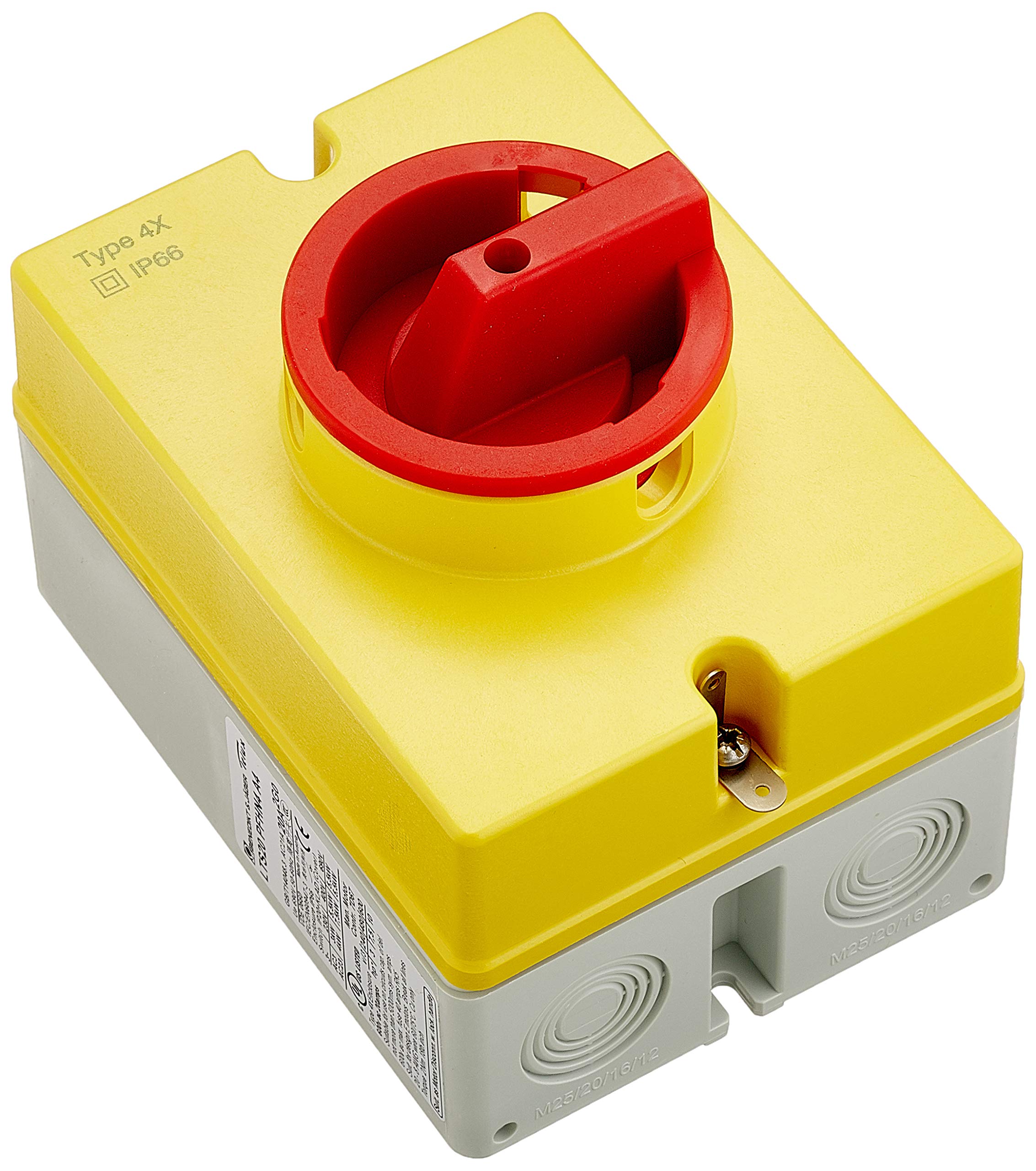 Emergency Stop Switch, AP, red/Yellow 20A, Separating housing Grey/Yellow 4 N/O Contacts IP65