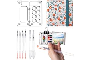 Chiisong 12 Pcs Mini Portable Watercolor Palette Set Including Acrylic 8 Grid Paint Box Watercolor Paper Pad Sketchbook 6 Paint Brushes 4 Binder Clips for Painters Artists Students(Classic Flower)