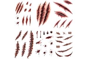 Clinsunate Halloween Scar Temporary Tattoos, 12 Sheets, Fake Blood Effects | Waterproof fake scar and stitch tattoos in 6 sty
