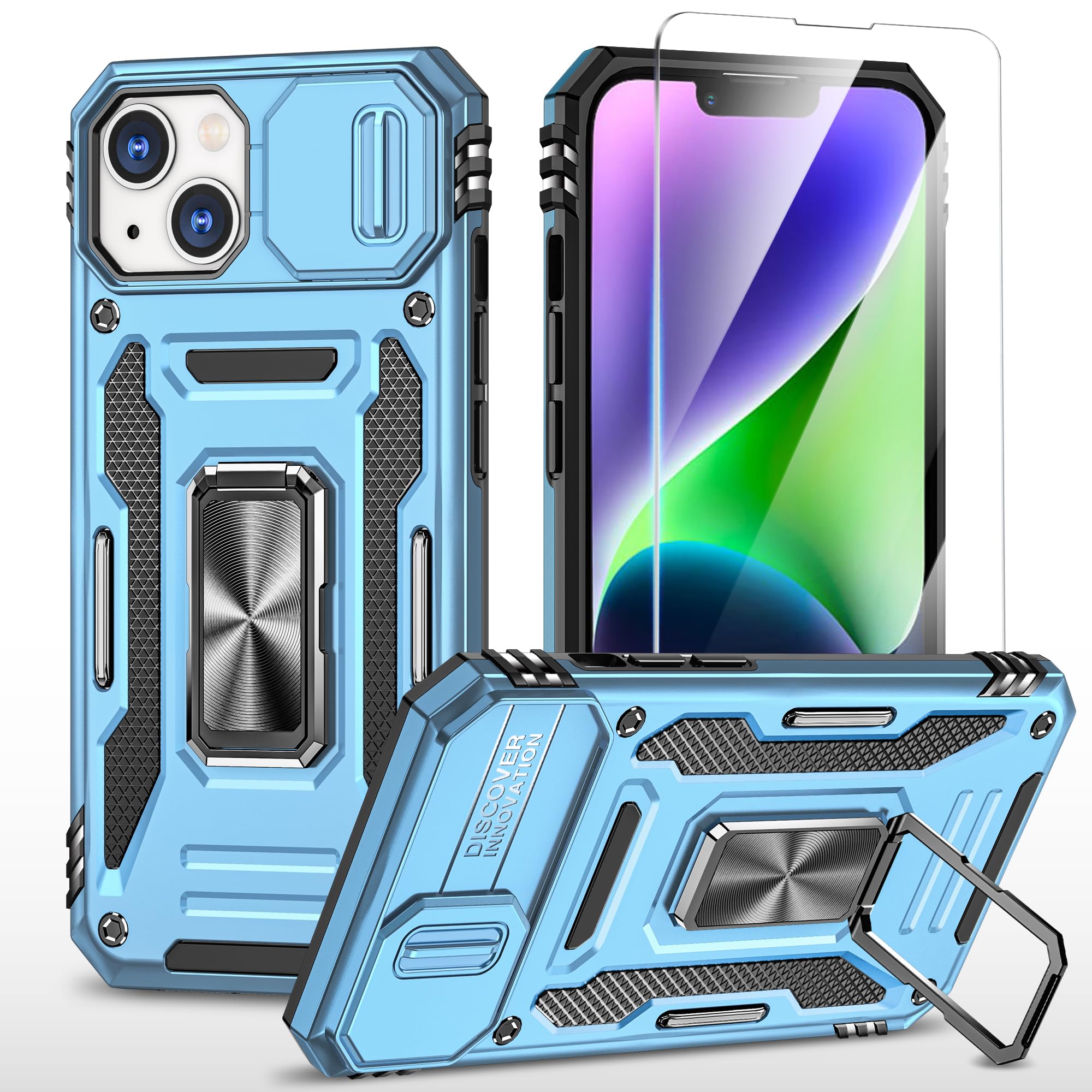 Photo 1 of SunStory Compatible with iPhone 14 Plus Case with HD Screen Protector & Slide Camera Cover & Rotated Ring Kickstand, [Military-Grade] Phone Case for iPhone 14 Plus (Z_NavyBlue)