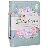 Christian Art Gifts Fashion Vegan Leather Bible Cover for Women: Trust in The Lord Inspirational Scripture Book Tote, Pen Loops, Pockets. Stationery Accessory, Light Teal Multicolor Floral, Large