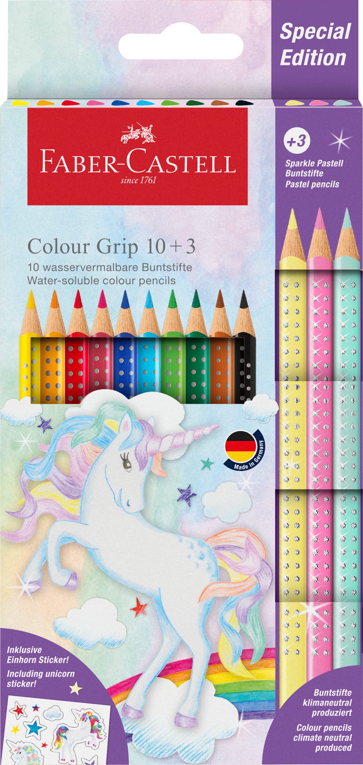 Faber-Castell 201542 Colouring Pencils Set Unicorn 13 Pieces Shatterproof Includes 3 Sparkle Pastel Pencils and Unicorn Stickers — image 1
